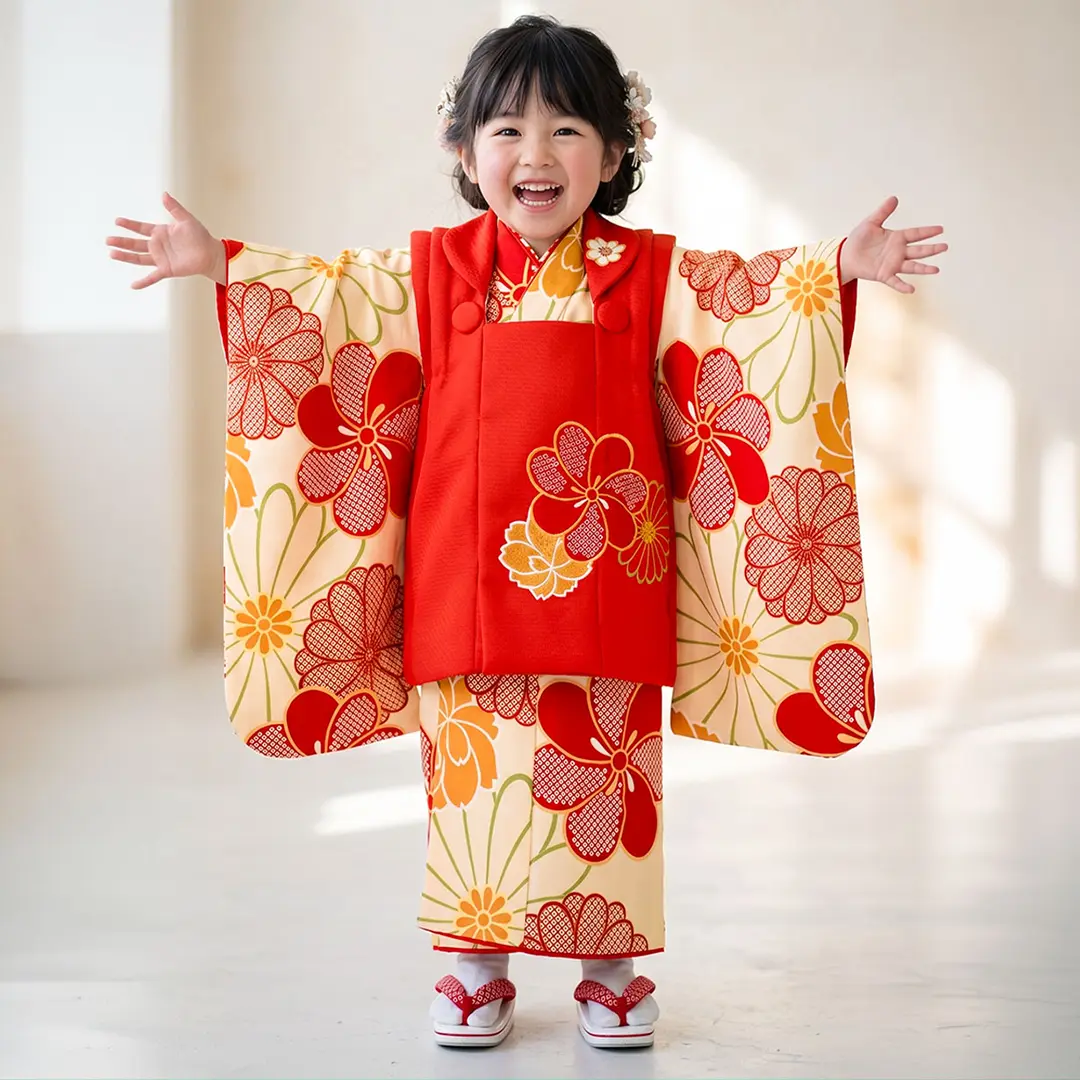 クリーム地にねじ梅と菊、赤の被布コートセット／七五三・三歳女の子／着用イメージ