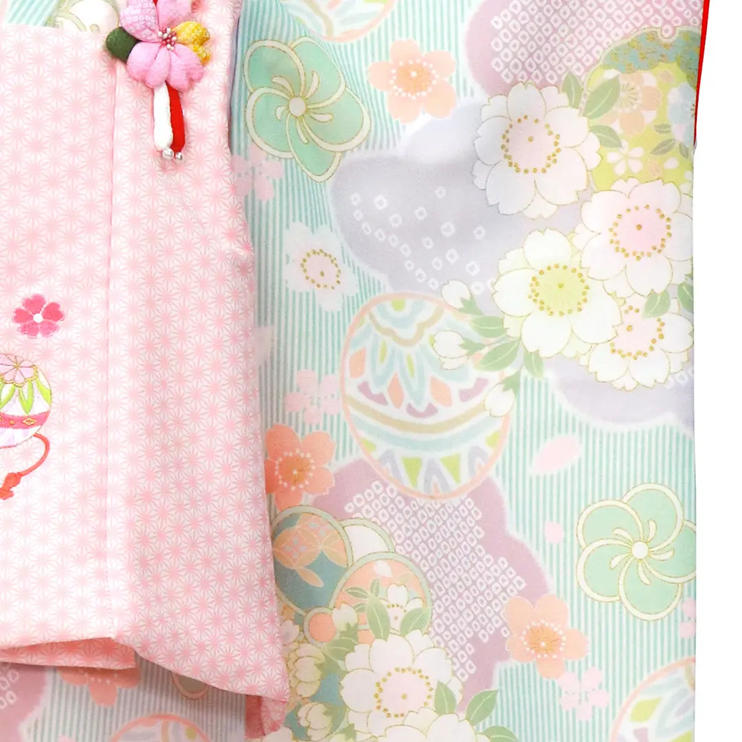 パステルグリーンのストライプに鞠と桜、ピンクの被布コートセット／七五三・三歳女の子／袖