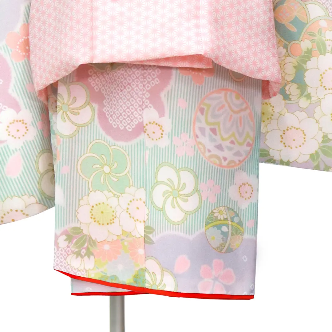 パステルグリーンのストライプに鞠と桜、ピンクの被布コートセット／七五三・三歳女の子／裾