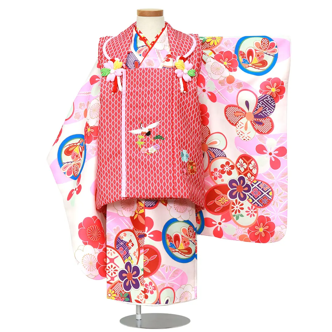 白地にピンクと丸紋、赤の被布コートセット／七五三・三歳女の子／正面