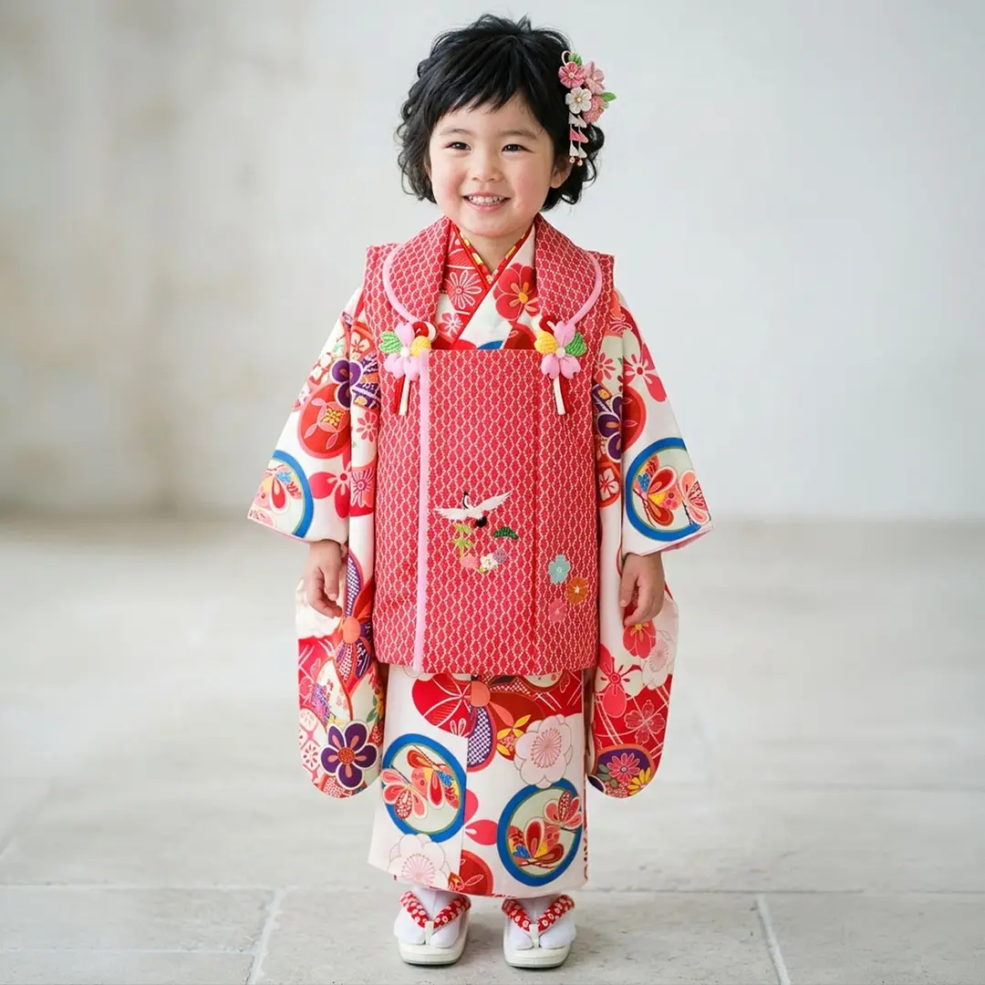 白地に赤紫と丸紋、赤とピンクの被布コートセット／七五三・三歳女の子／着用イメージ
