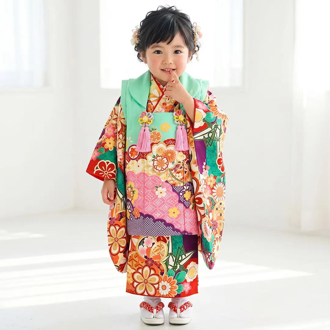 紫や赤の市松に折り鶴、エメラルドグリーンの被布コートセット／七五三・三歳女の子／着用イメージ