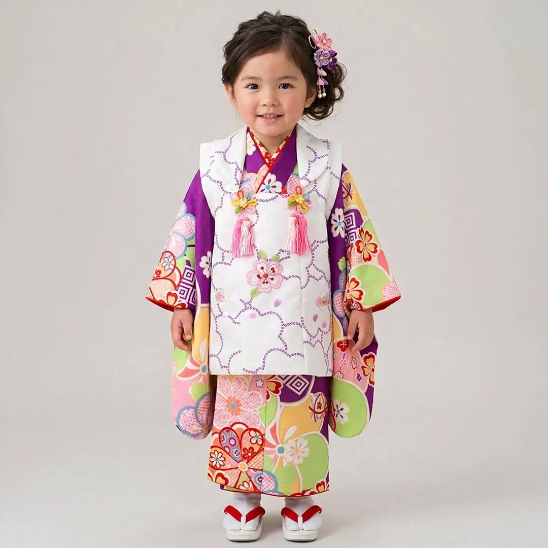 紫地に菊と梅、白の被布コートセット／七五三・三歳女の子 | 宅配着物