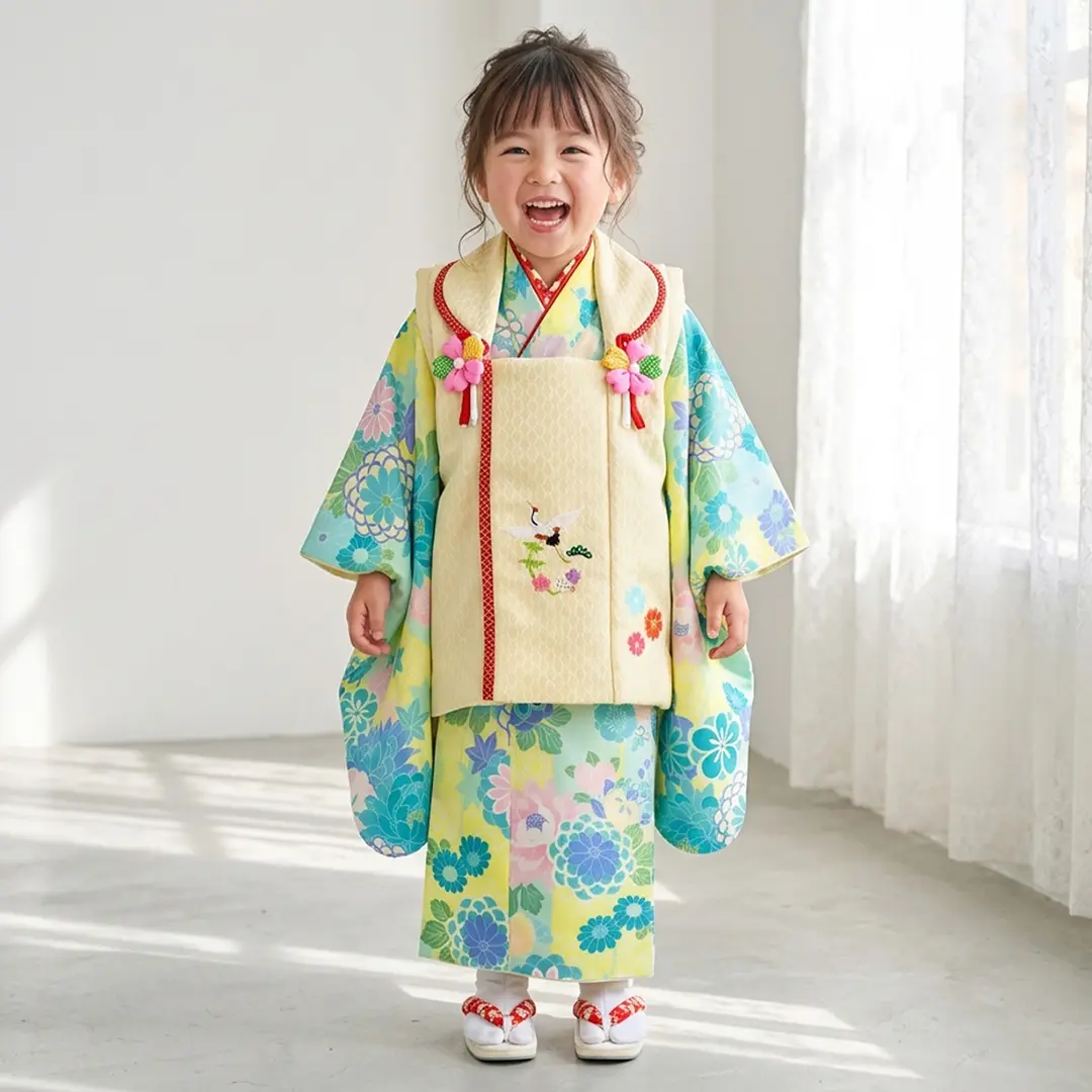 アイスグリーンの矢絣にダリア、黄色と赤の被布コートセット／七五三・三歳女の子／着用イメージ