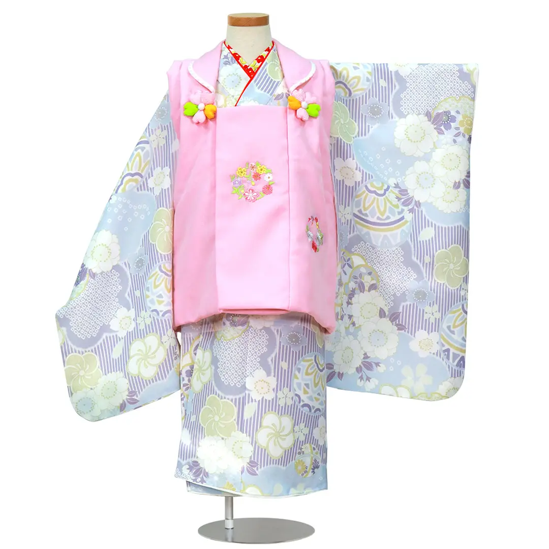 薄紫のストライプに鞠と桜、ピンクの被布コートセット／七五三・三歳