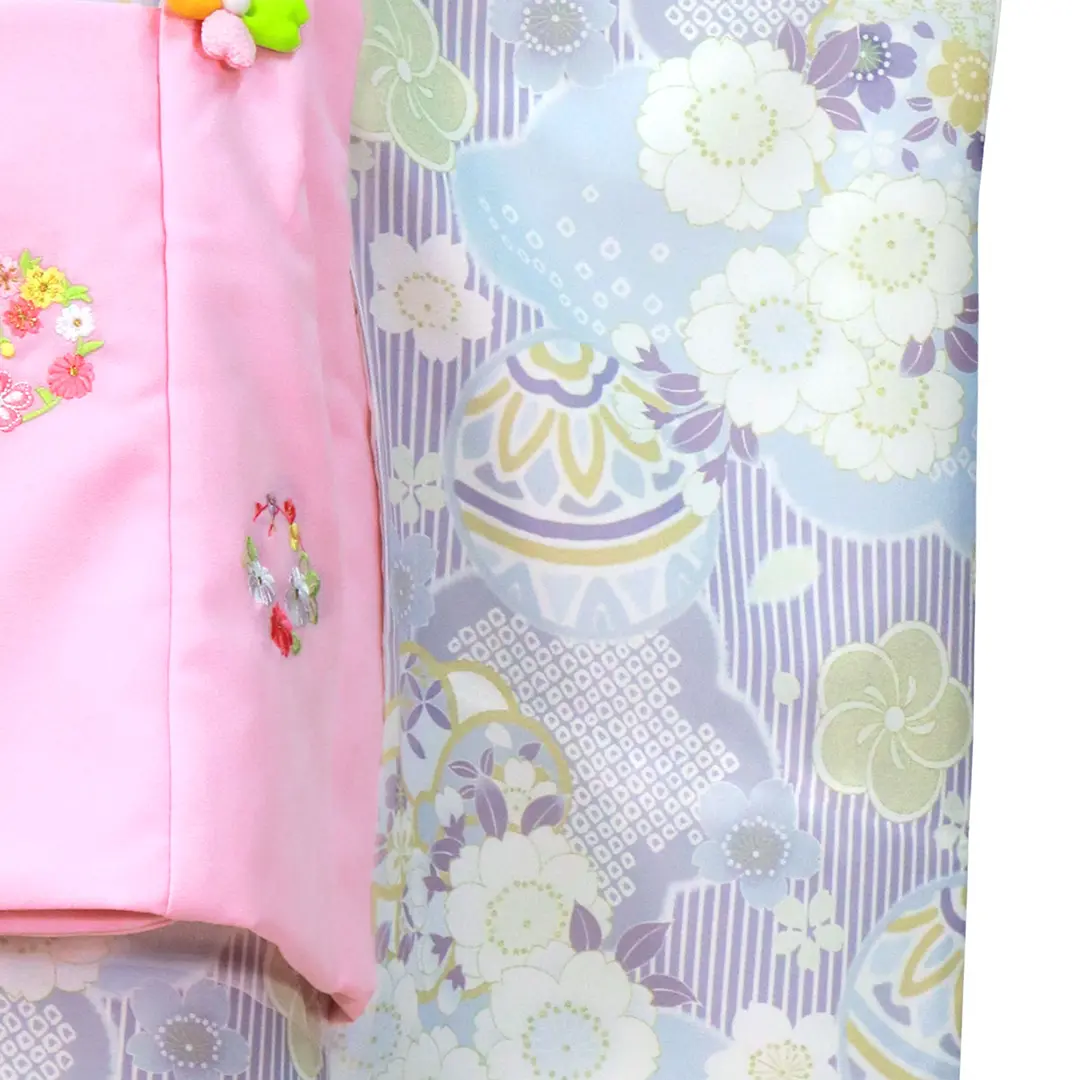 薄紫のストライプに鞠と桜、ピンクの被布コートセット／七五三・三歳