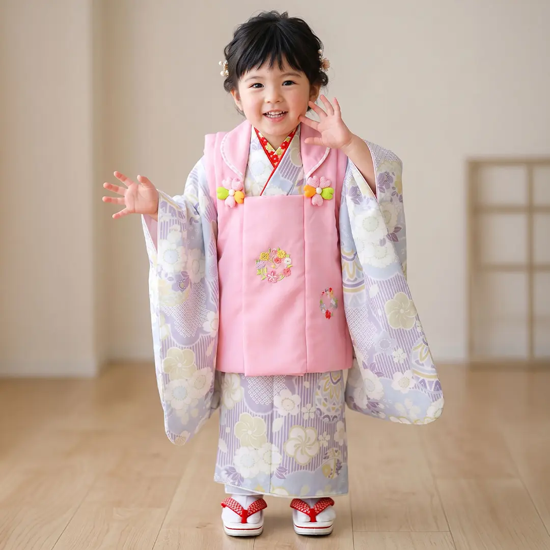 薄紫のストライプに鞠と桜、ピンクの被布コートセット／七五三・三歳