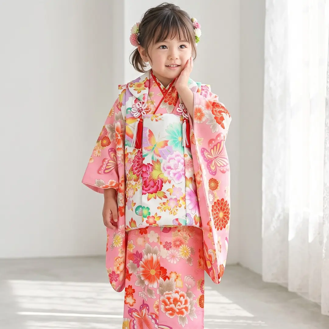 ピンク地に牡丹と蝶の着物、白地に牡丹と蝶の被布コートセット／七五三・三歳女の子／着用イメージ