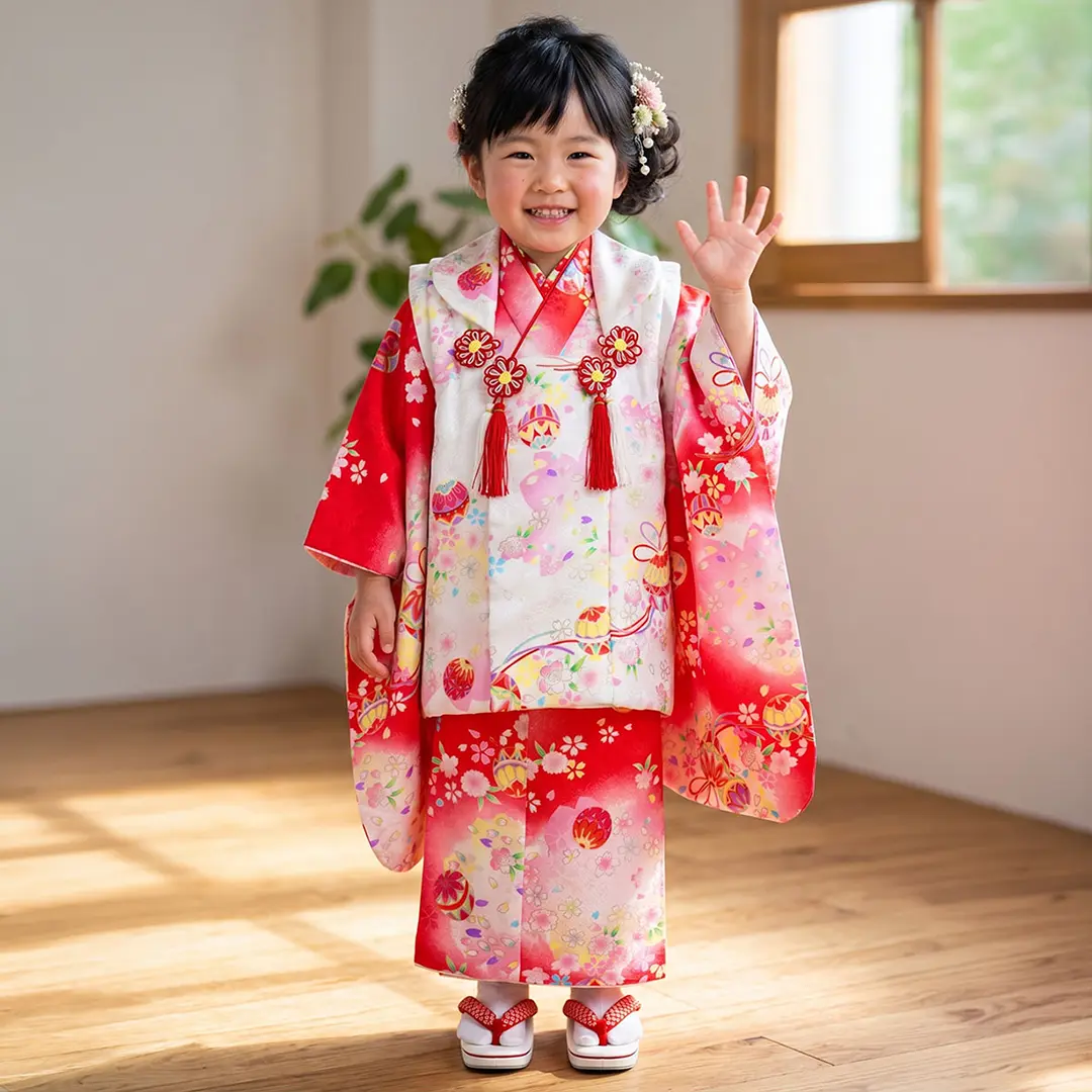 赤地に鞠と桜の着物、白の被布コートセット／七五三・三歳女の子／着用イメージ