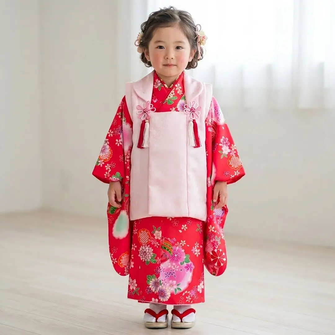 赤地に鈴と菊の着物、被布コートセット／七五三・三歳女の子／着用イメージ
