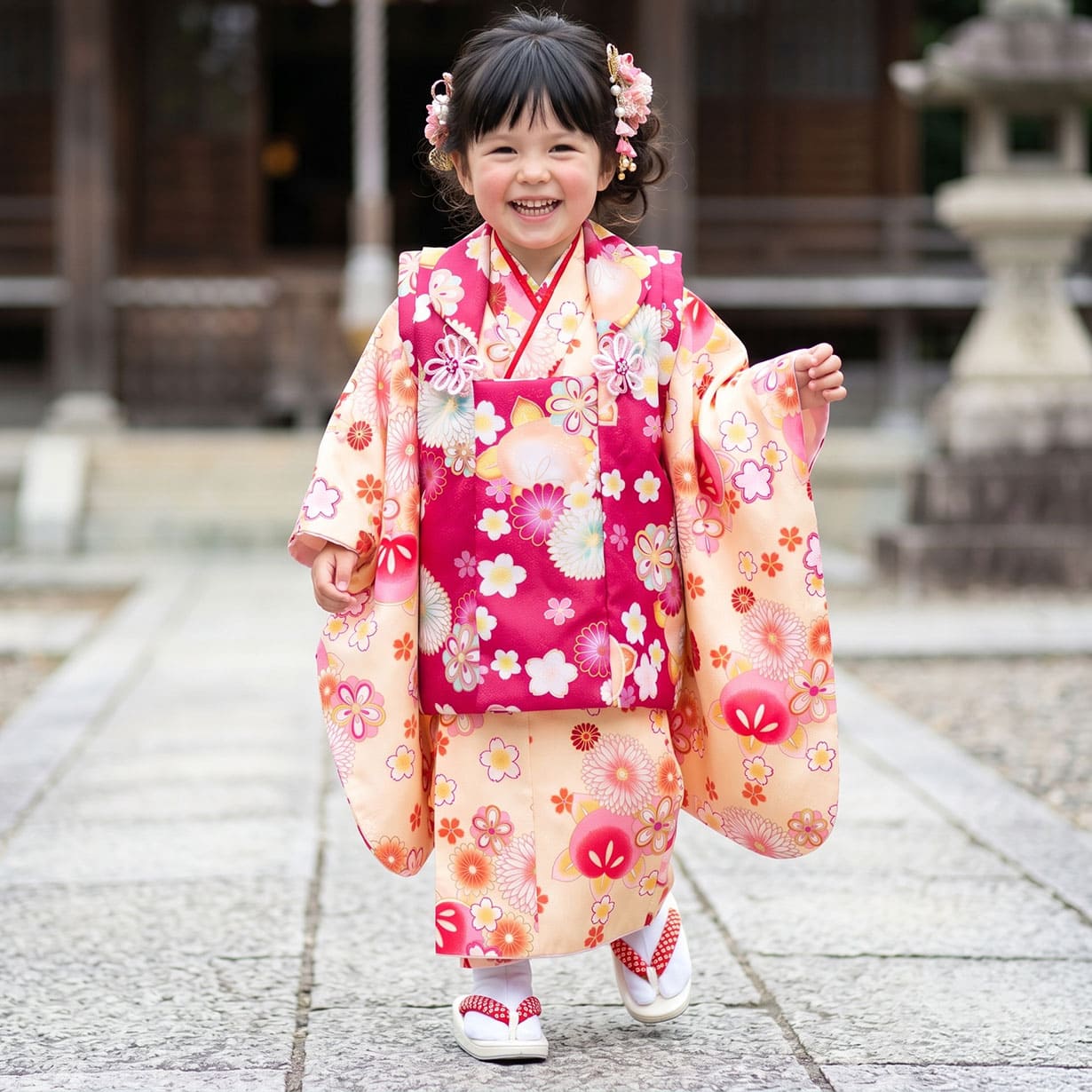 黄色地にダリアと橘、赤の被布コートセット／七五三・三歳女の子