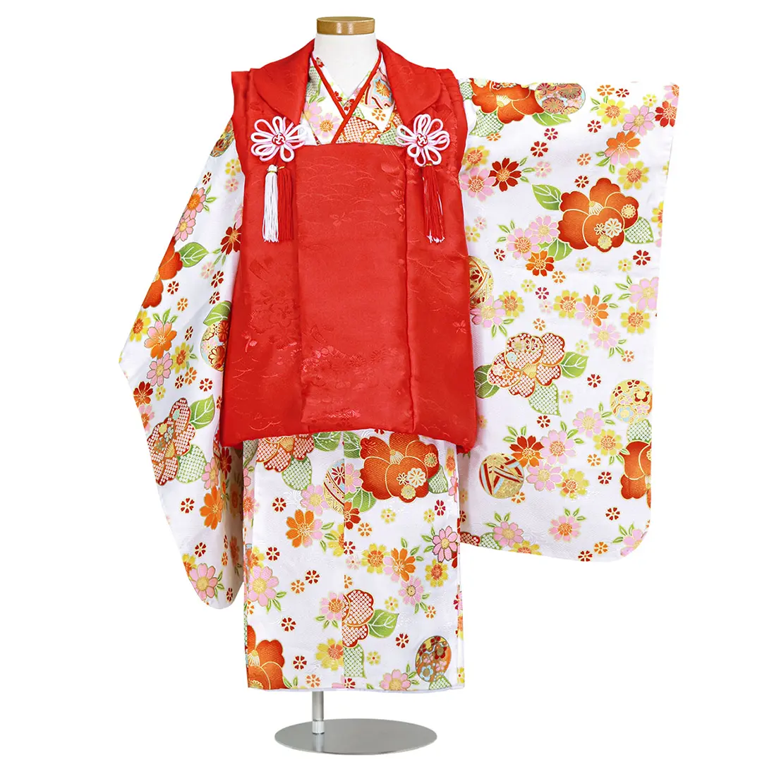 白地にレトロな花尽くし、赤無地の被布コートセット／七五三・三歳女の子／正面