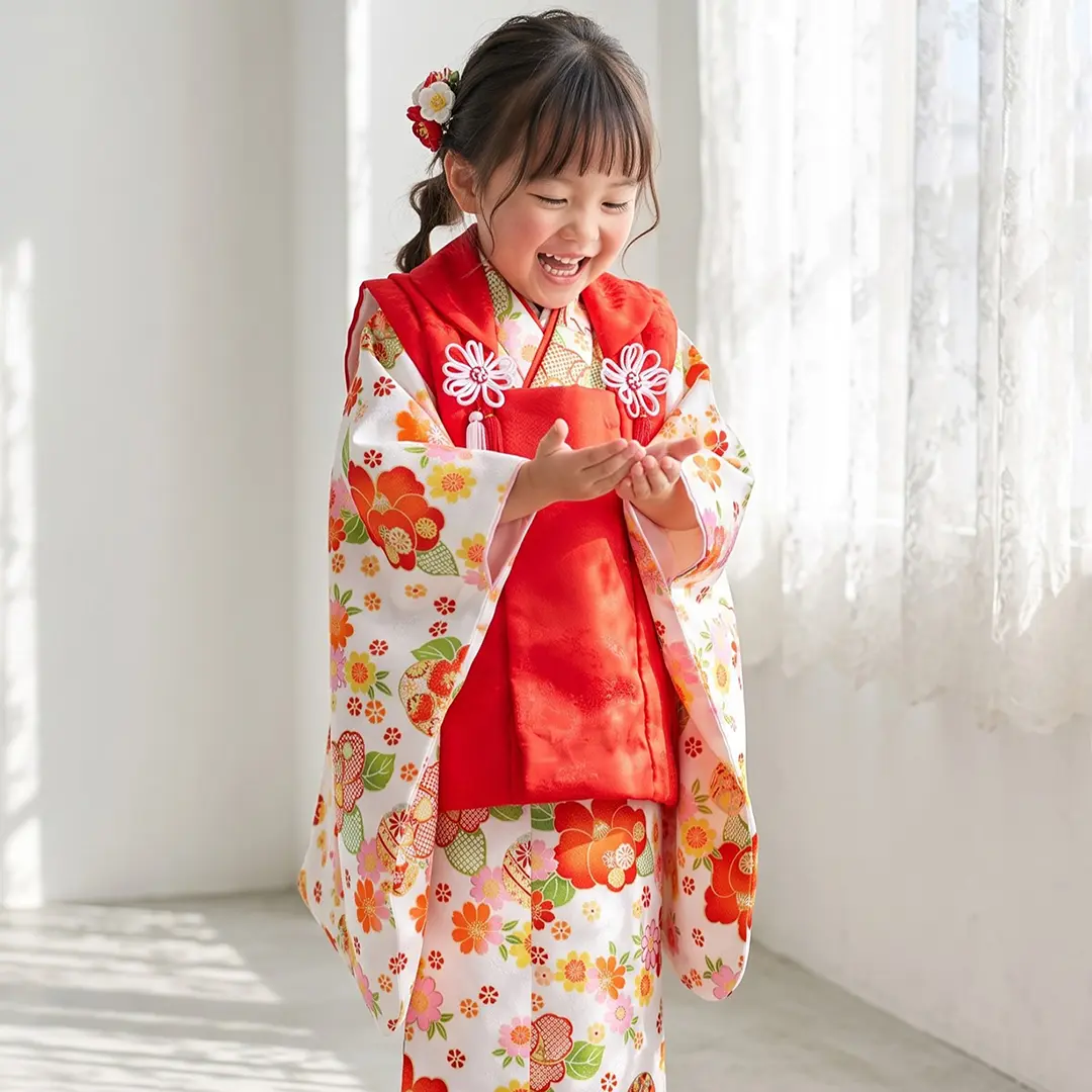 白地にレトロな花尽くし、赤無地の被布コートセット／七五三・三歳女の子／着用イメージ