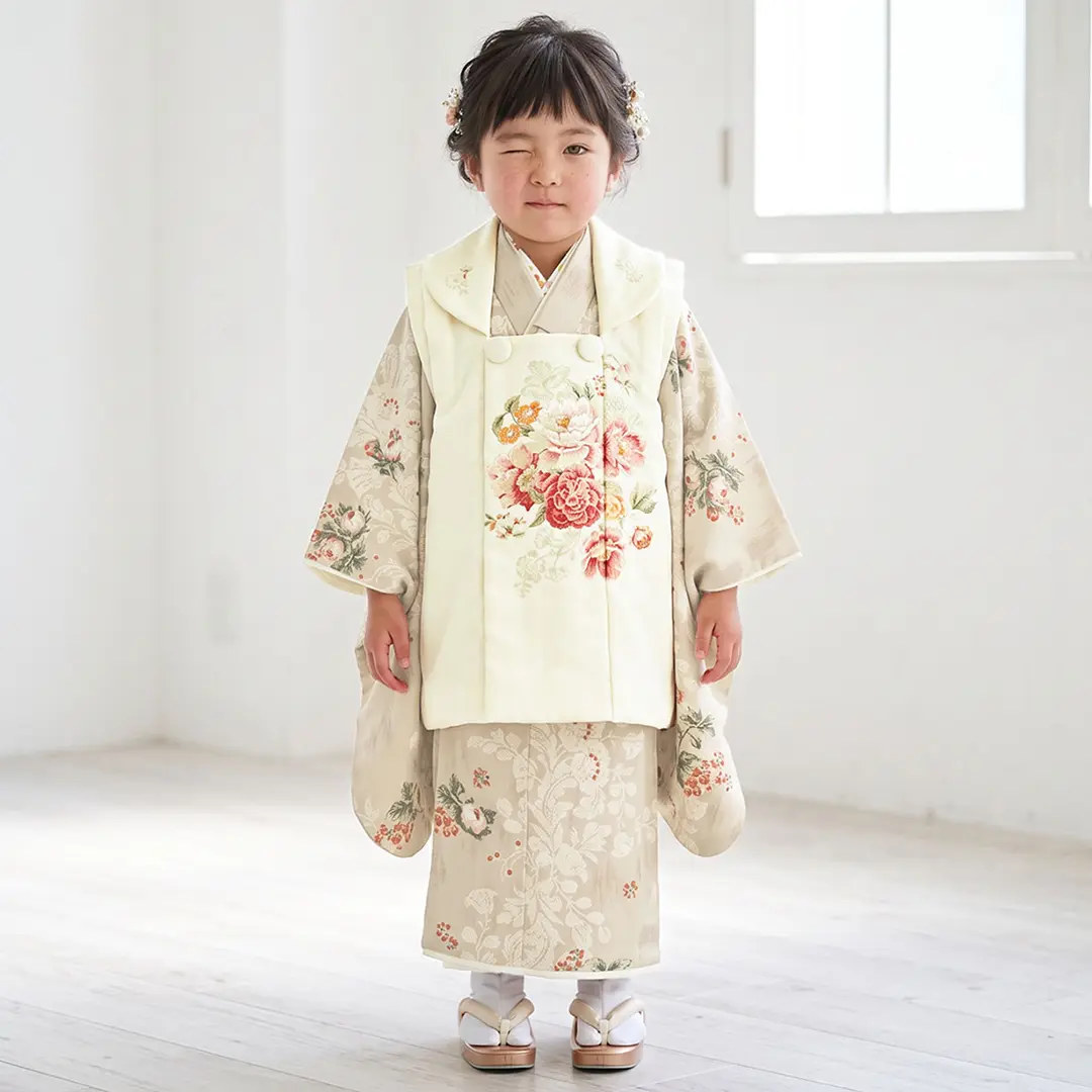 《JILLSTUART》ヴィンテージローズ（ベージュ）、ホワイトの被布コートセット／七五三・三歳女の子・被布コートセット／着用イメージ