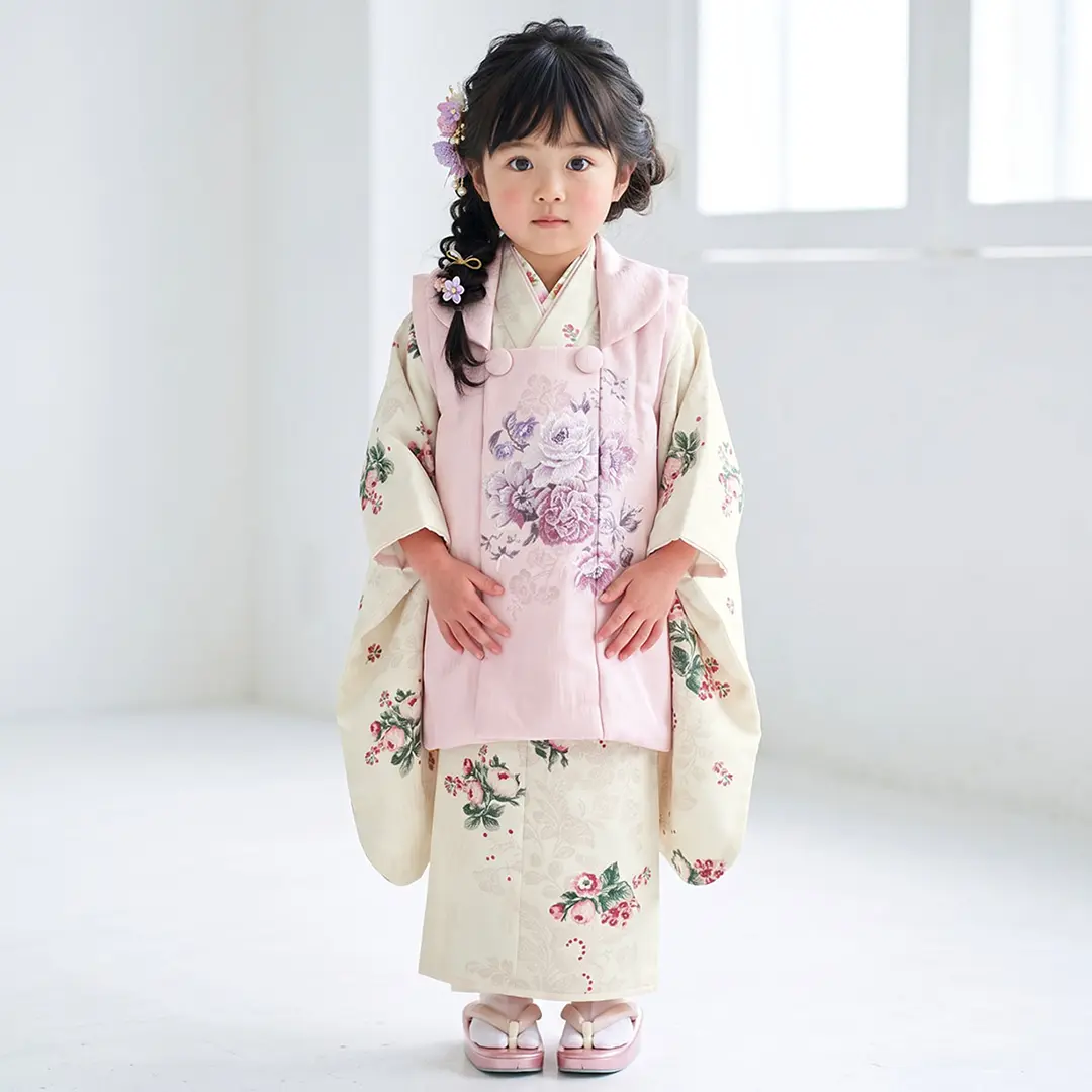 《JILLSTUART》ヴィンテージローズ（ホワイト）、ピンクの被布コートセット／七五三・三歳女の子・被布コートセット／着用イメージ