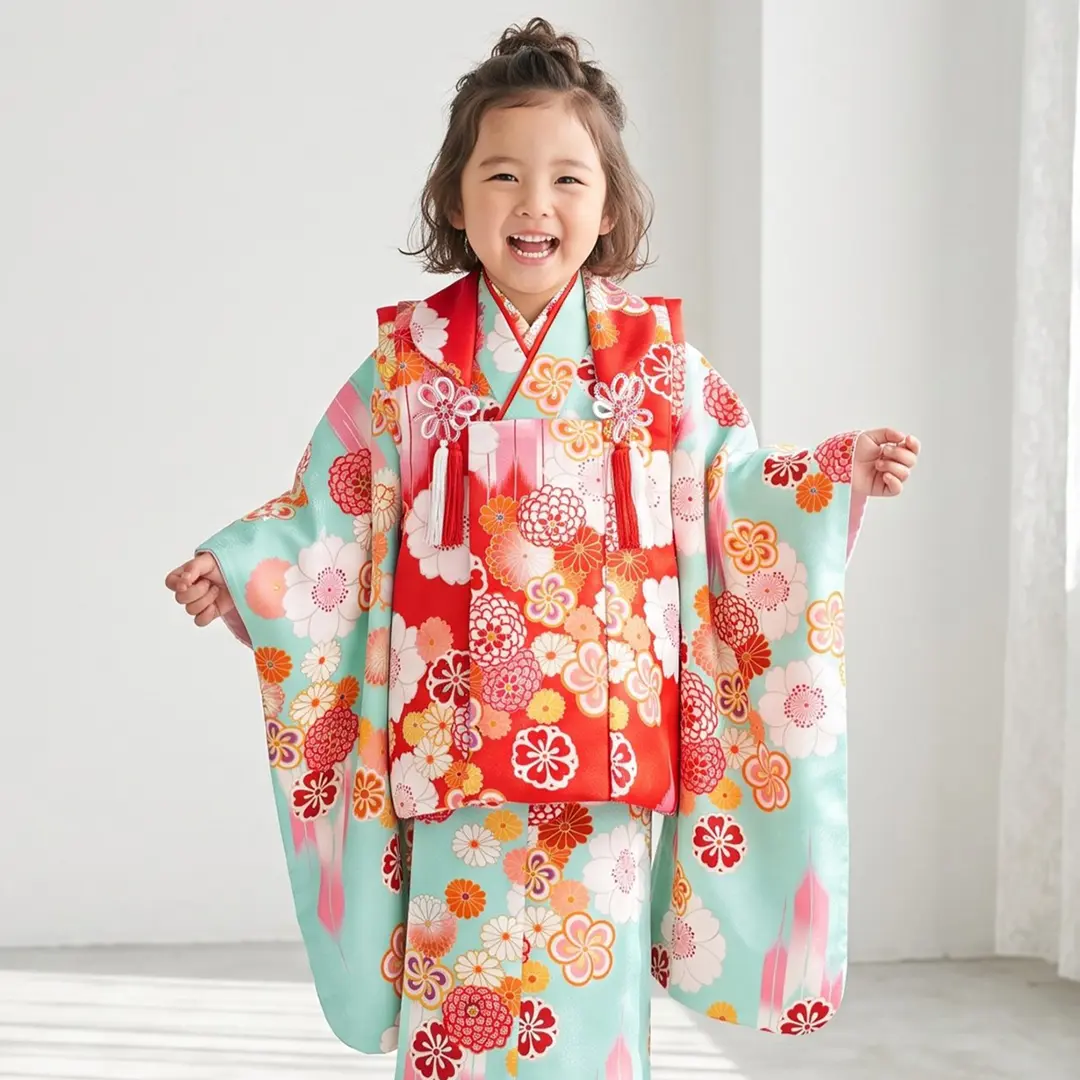 水色地に桜や菊梅と矢絣、赤の被布コートセット ／七五三・三歳女の子／着用イメージ