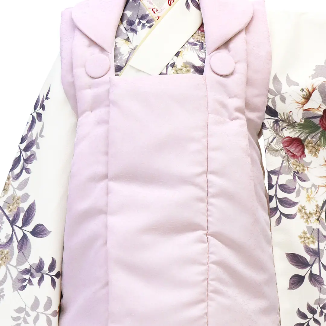 白地にバラとユリ、ピンクの被布コートセット／七五三・三歳女の子