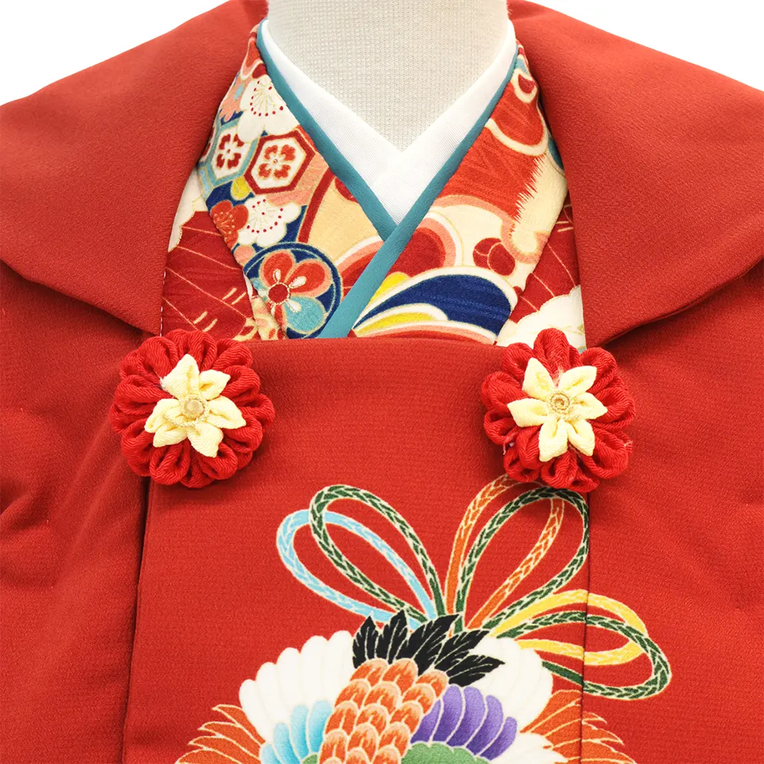 《LOWRYS FARM》カラフルな市松文様に雪輪とねじり梅、赤の被布コートセット／七五三・三歳女の子 被布