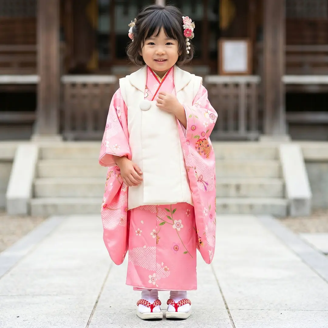 ピンク地に雲取と枝垂れ桜の着物、クリームの被布コートセット／七五三・三歳女の子／着用イメージ