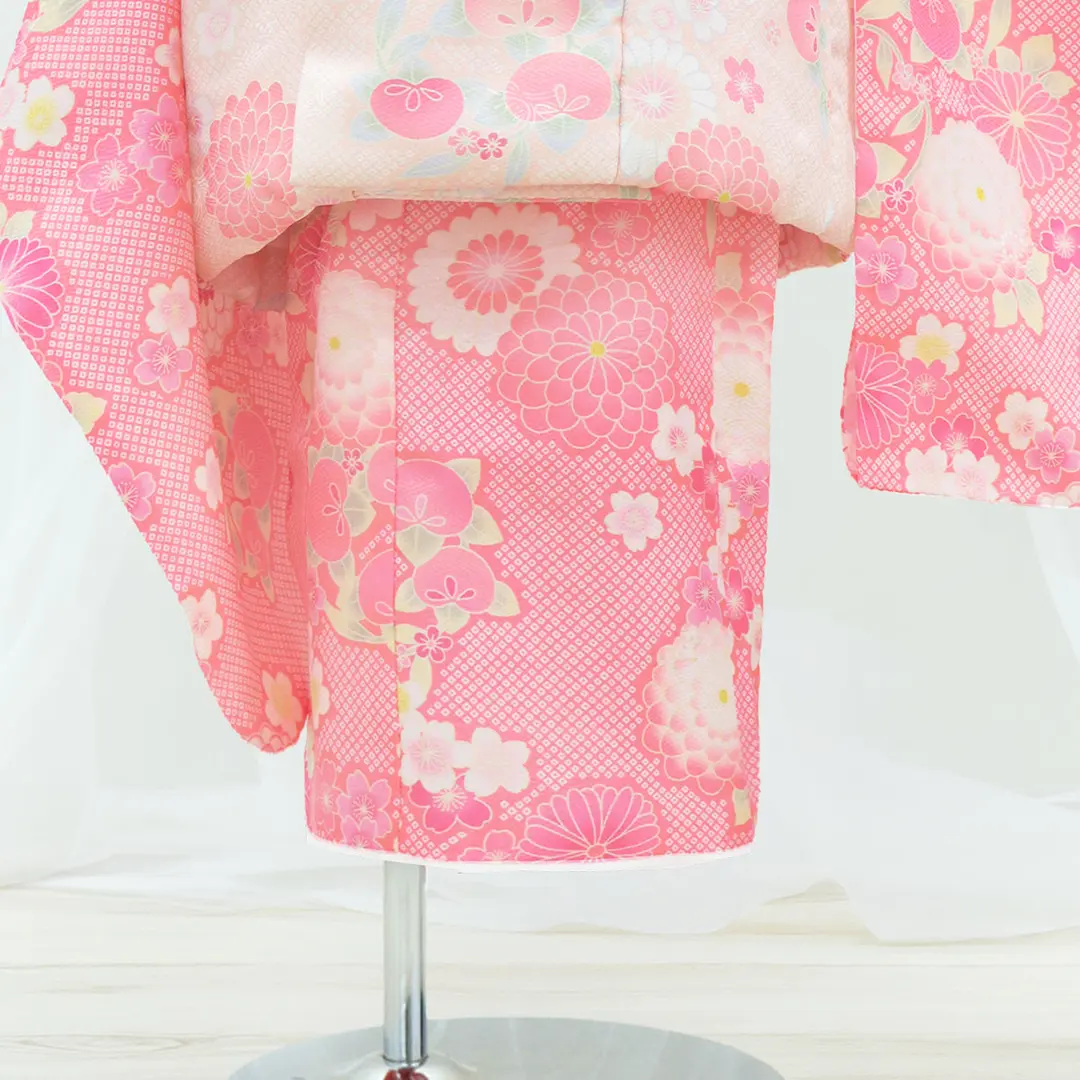 淡い 七五三 ピンク 淡いピンク 花柄 着物 千歳飴付き キャサリン