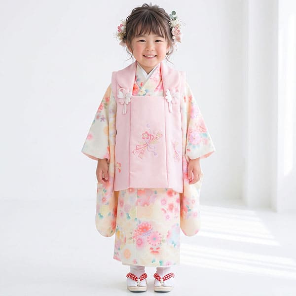 《花丸》黄色地に鞠と菊、クリームピンクの被布コートセット／七五三・三歳女の子