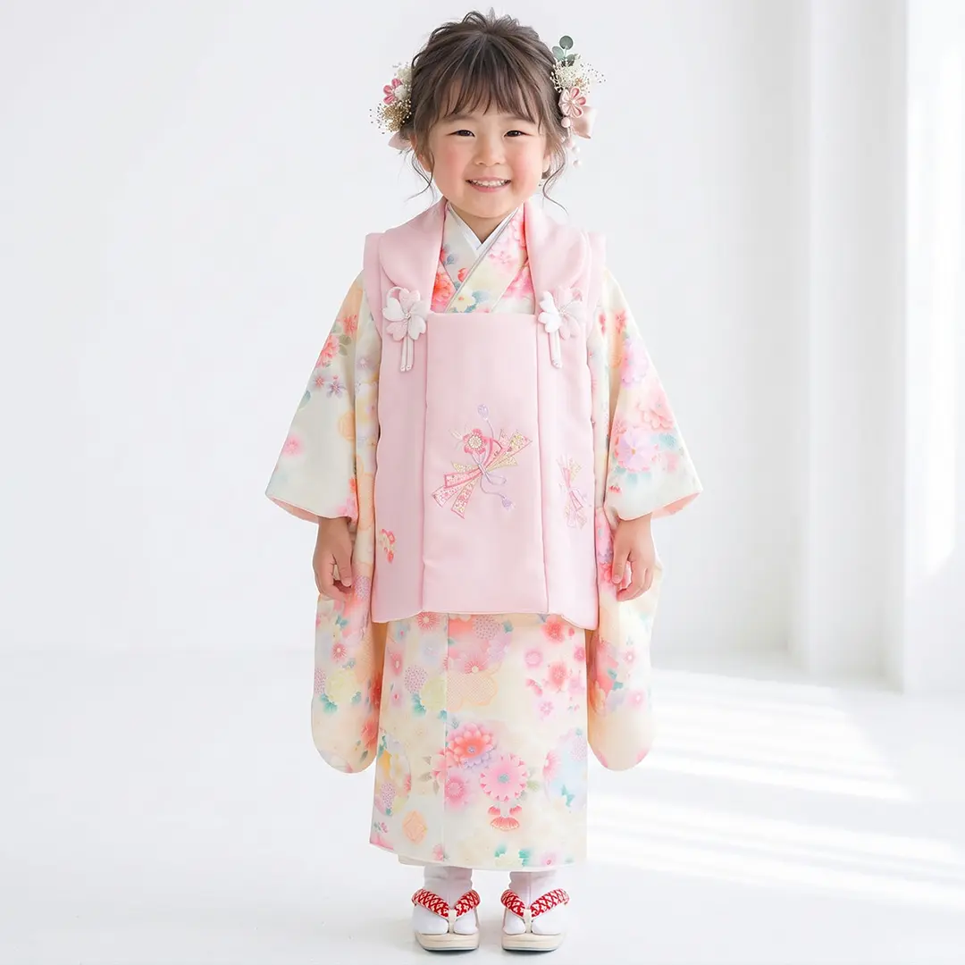 花丸》黄色地に鞠と菊、クリームピンクの被布コートセット／七五三・三