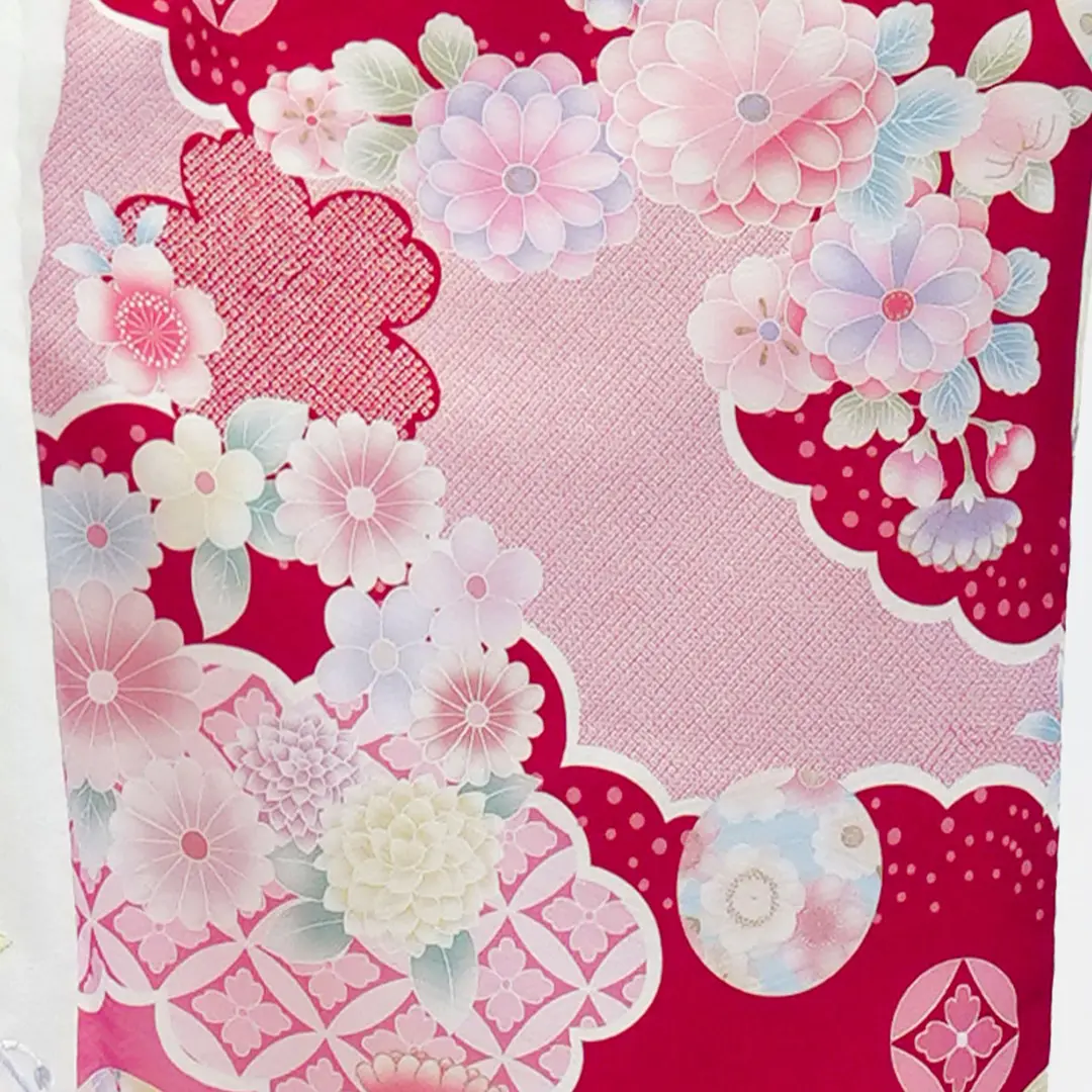 《花丸》赤地に鞠と菊、アイボリーの被布コートセット／七五三・三歳女の子／袖
