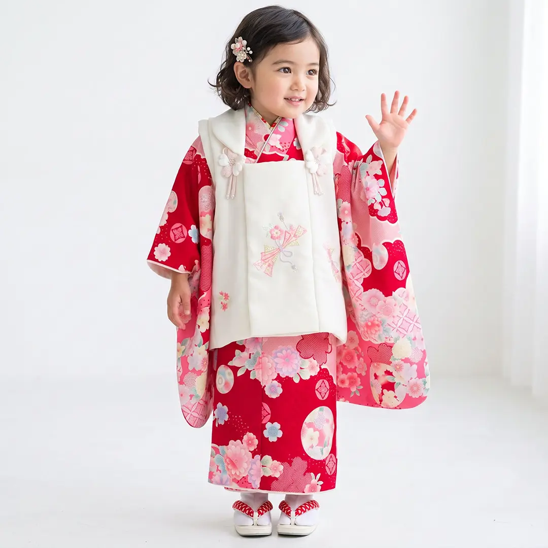 【値下げ】美品‼️‼️七五三衣装フルセット 3歳　被布コート　赤、朱色、アイボリー 花丸》赤地に鞠と菊、アイボリーの被布コートセット／七五三・三歳