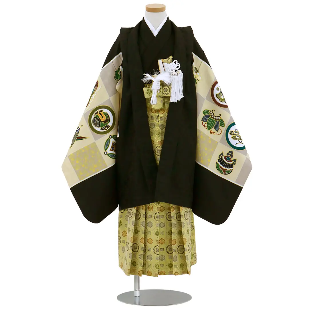 黒地に市松模様の宝尽くし、金襴の袴／七五三・五歳男の子・袴 | 宅配