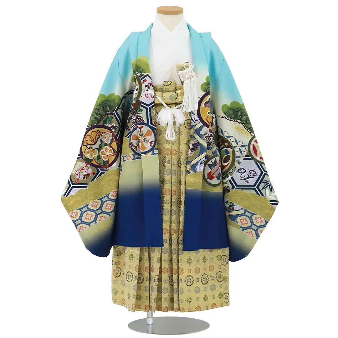 水色地に鷹と吉祥文、金襴の袴／七五三・五歳男の子・袴／正面