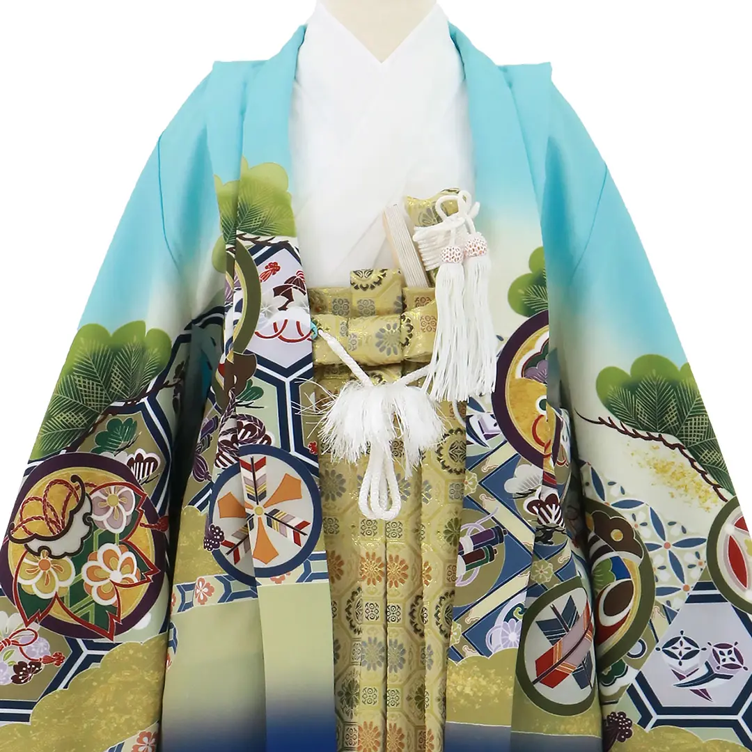 水色地に鷹と吉祥文、金襴の袴／七五三・五歳男の子・袴／衿元詳細