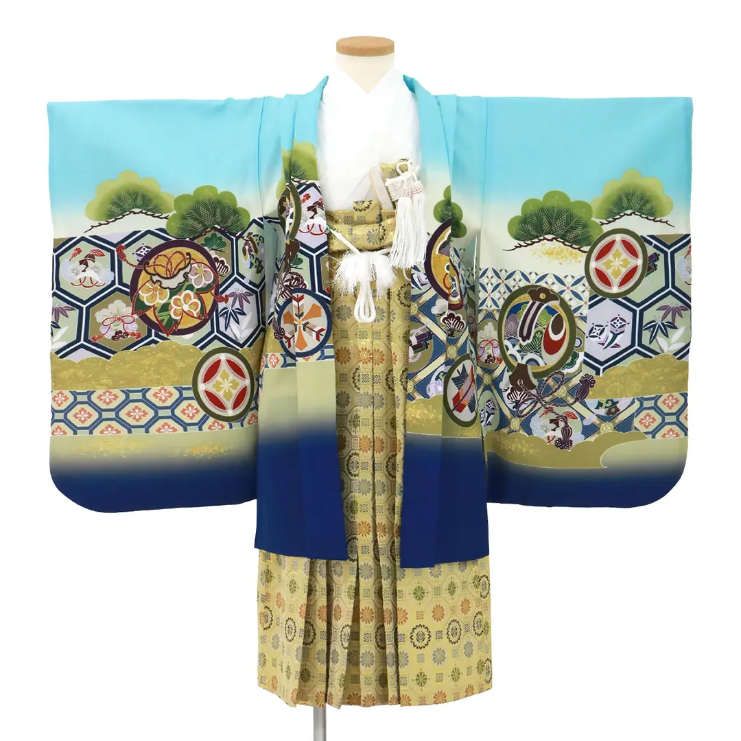 水色地に鷹と吉祥文、金襴の袴／七五三・五歳男の子・袴／羽織の柄