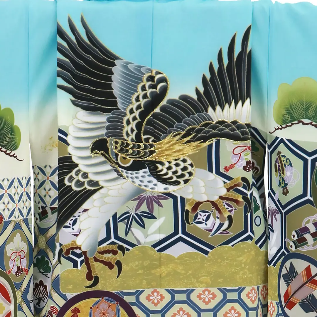 水色地に鷹と吉祥文、金襴の袴／七五三・五歳男の子・袴／背中