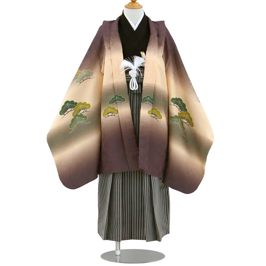 紫鳶（むらさきとび）色に熨斗（のし）と松、黒縞の袴／七五三・五歳男の子・袴／正面