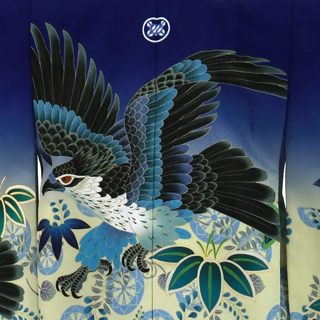 紺藍地に鷹と鏡に紋付、紺縞の袴／小さめサイズ／七五三・五歳男の子・袴