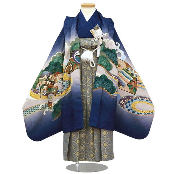 青地に鷹や兜、藍鼠の袴／七五三・五歳男の子・袴 | 宅配着物レンタル
