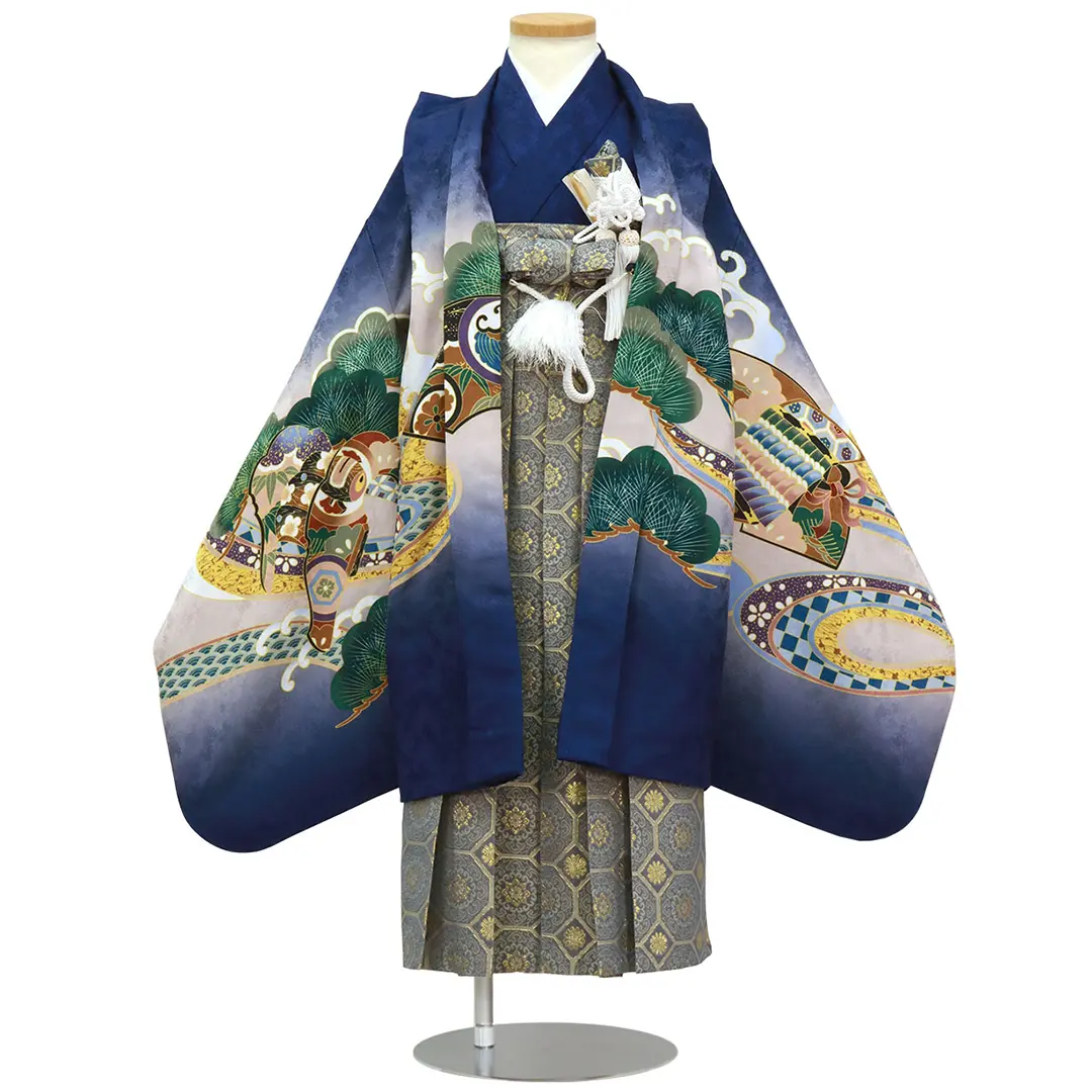 青色の鷹デザイン着物と帯　5歳 青地に鷹や兜、藍鼠の袴／七五三・五歳男の子・袴 | 宅配着物レンタル