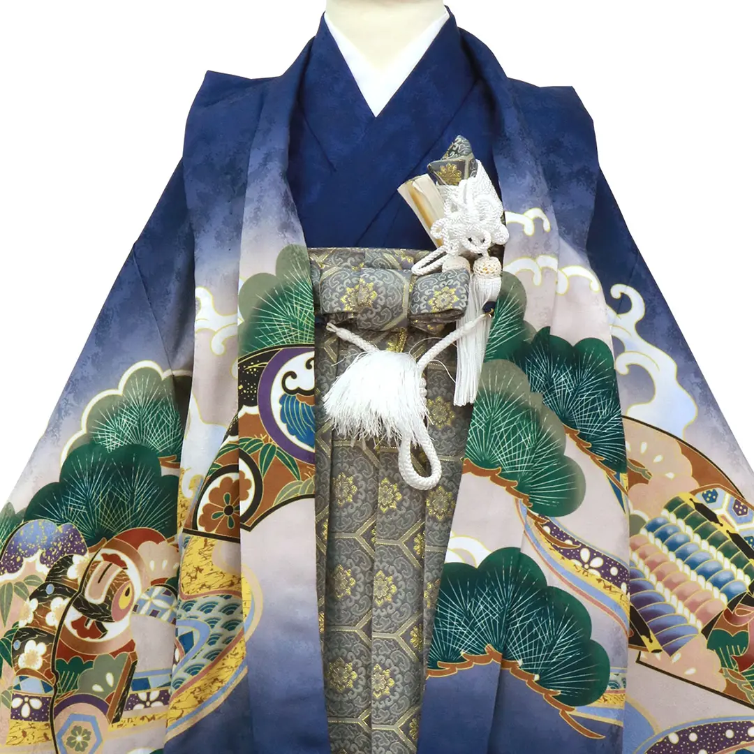 青地に鷹や兜、藍鼠の袴／七五三・五歳男の子・袴 | 宅配着物レンタル