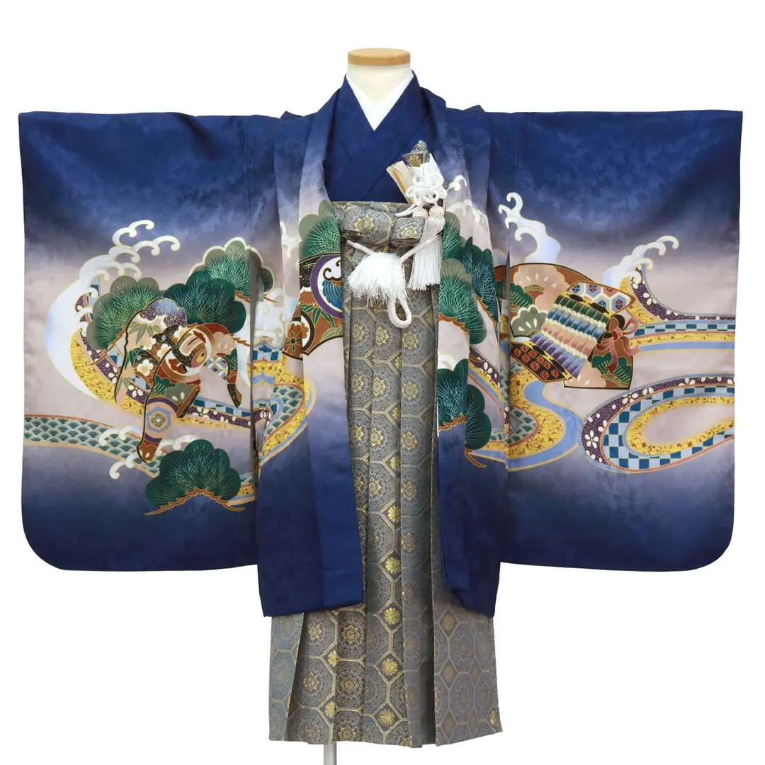 青地に鷹や兜、藍鼠の袴／七五三・五歳男の子・袴 | 宅配着物レンタル