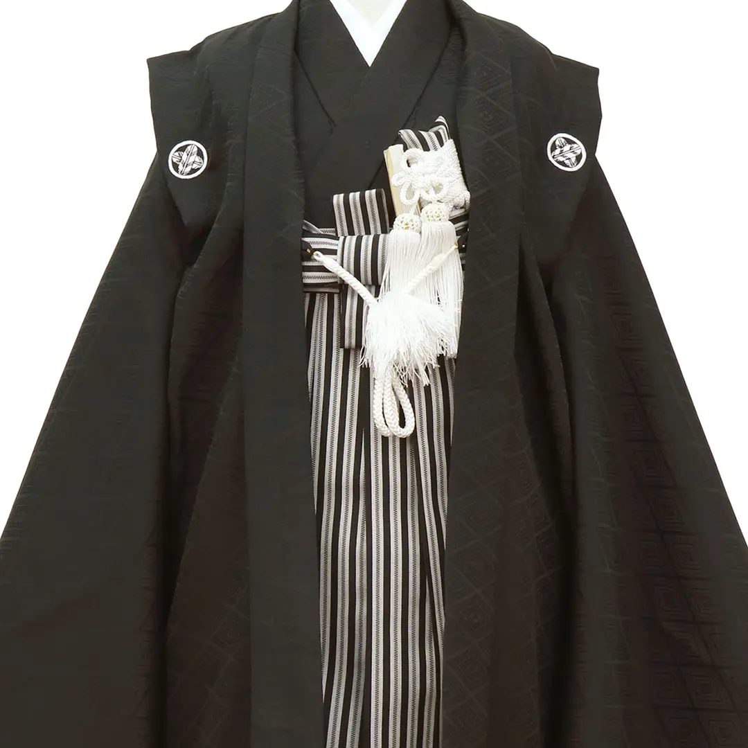 刺繍紋付、黒縞の袴／七五三・五歳男の子・袴 正面詳細