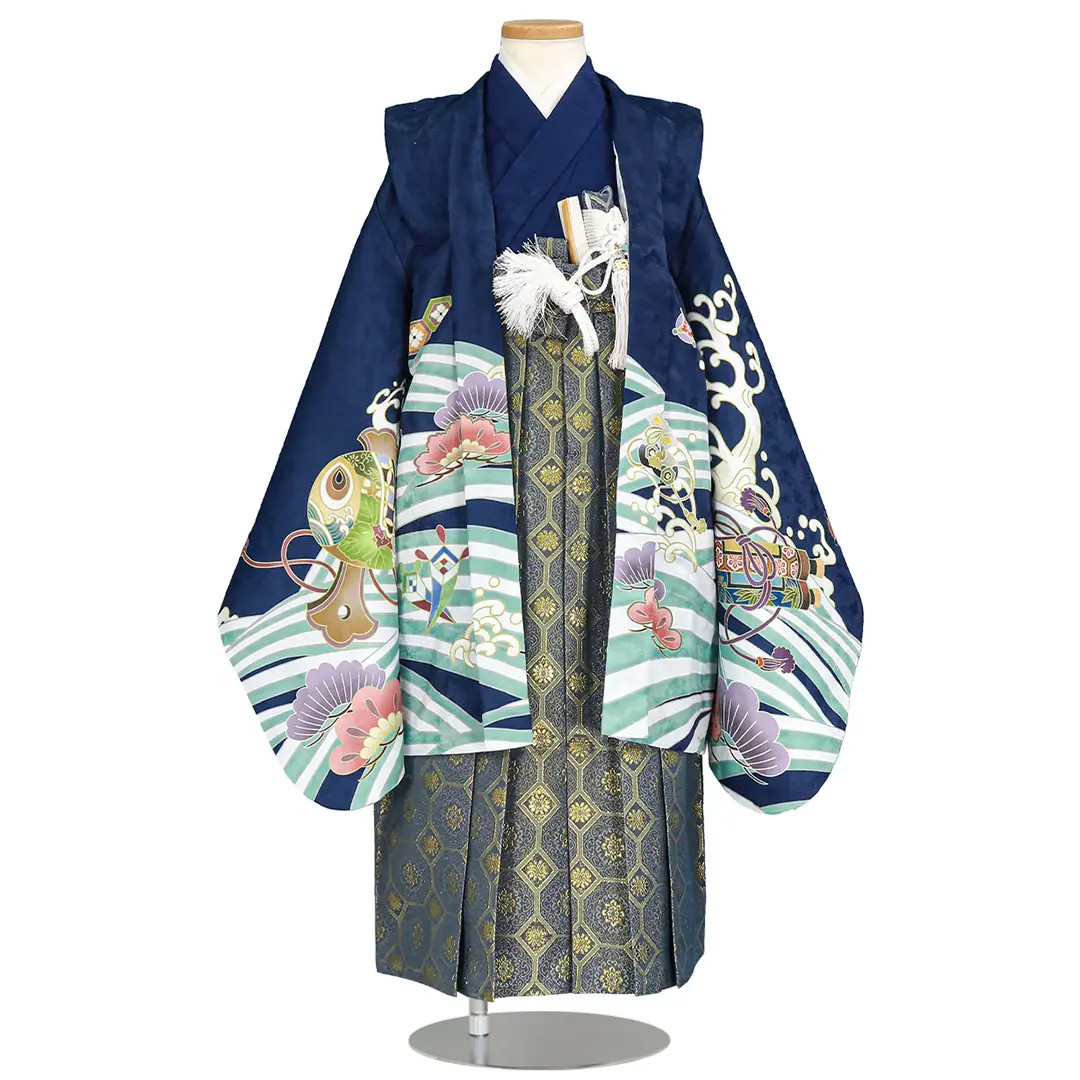 紺地に鷹と宝船、藍鼠の袴／七五三・五歳男の子・袴／正面
