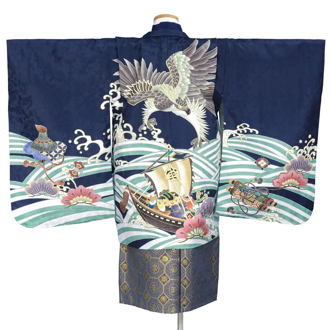 紺地に鷹と宝船、藍鼠の袴／七五三・五歳男の子・袴／背中