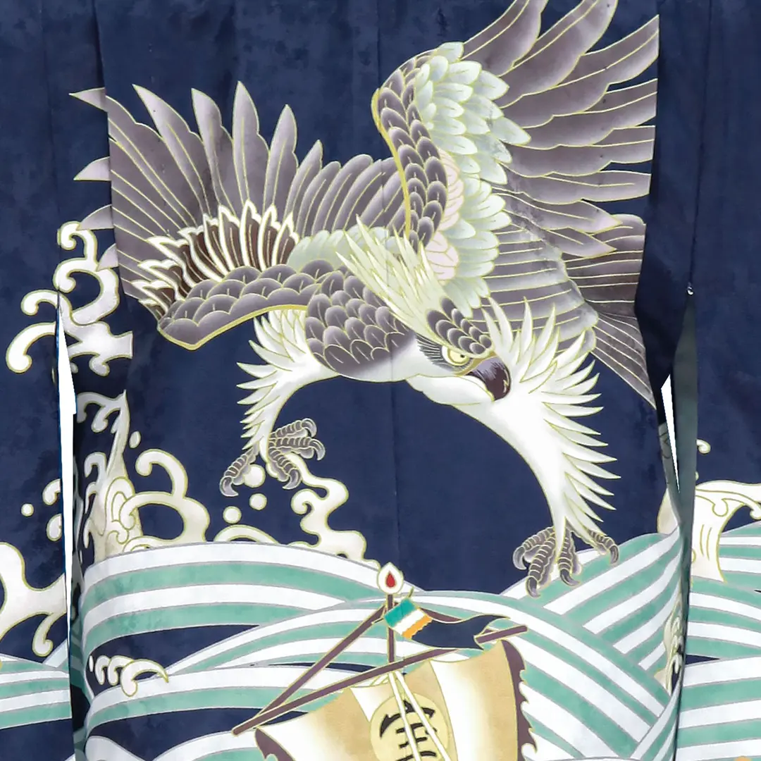 紺地に鷹と宝船、藍鼠の袴／七五三・五歳男の子・袴／背中の柄詳細