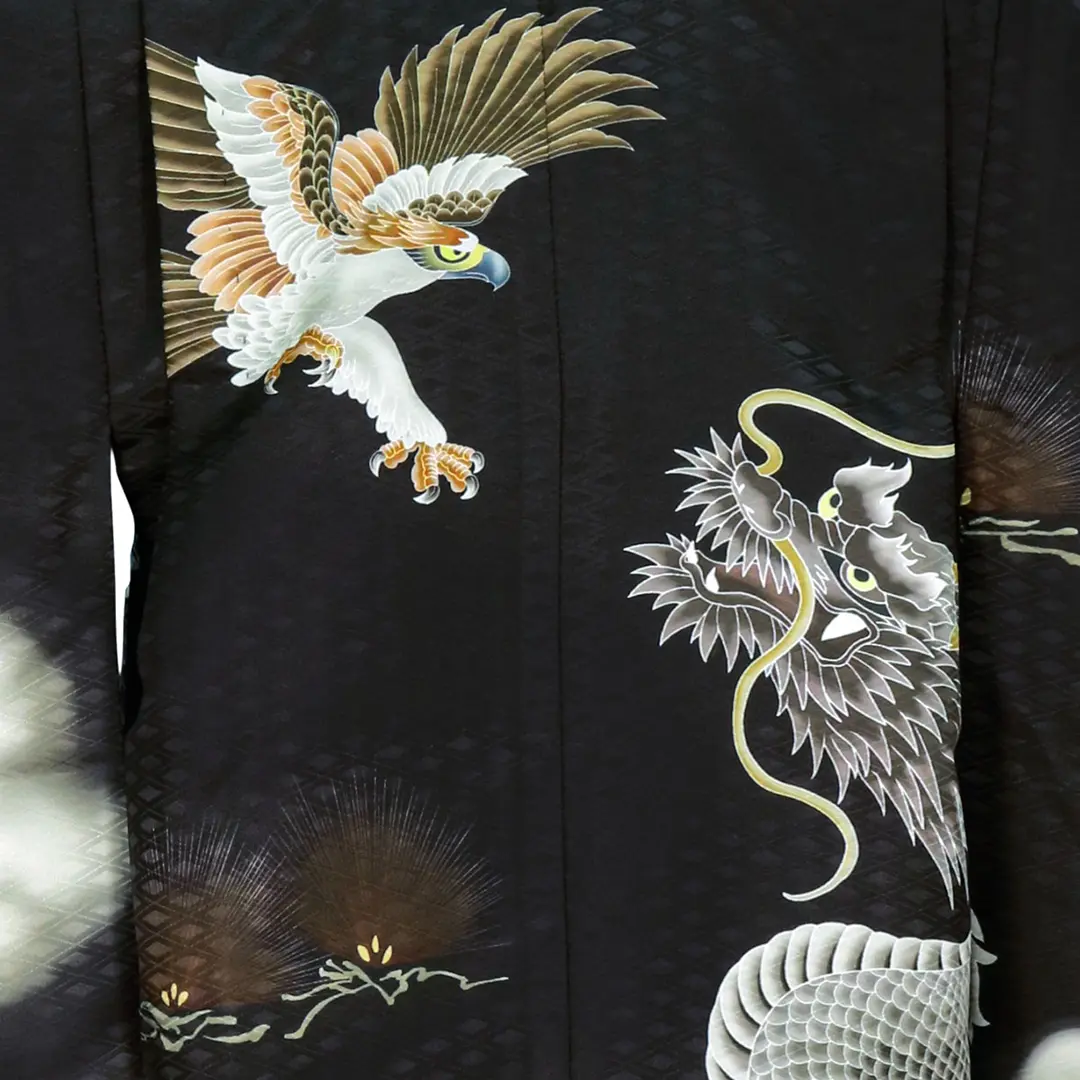 黒地に鷹と雲龍、藍鼠の袴／七五三・五歳男の子・袴／柄詳細