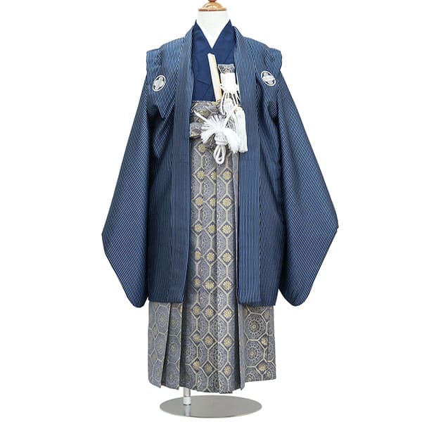 紺縞に白の紋付、藍鼠の袴／七五三・五歳男の子・袴 | 宅配着物