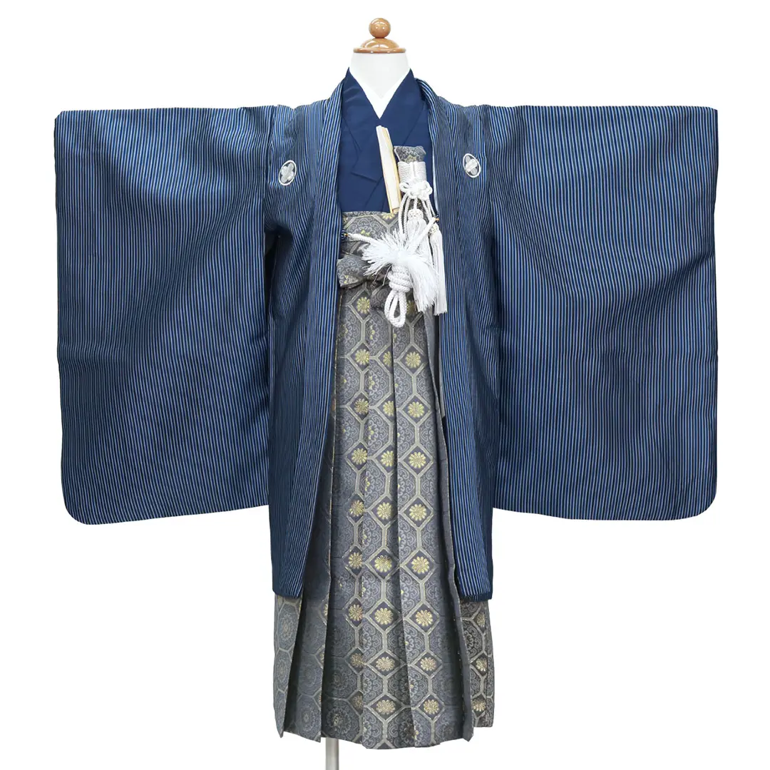 紺縞に白の紋付、藍鼠の袴／七五三・五歳男の子・袴 袖