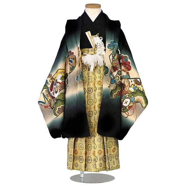 黒地に鷹と太鼓、金襴の袴／七五三・五歳男の子・袴