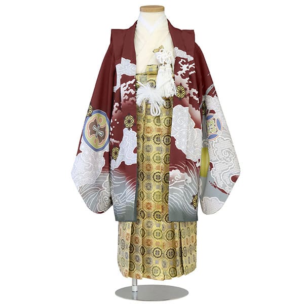 臙脂地に兜と丸紋、金襴の袴／小さめサイズ／七五三・五歳男の子・袴