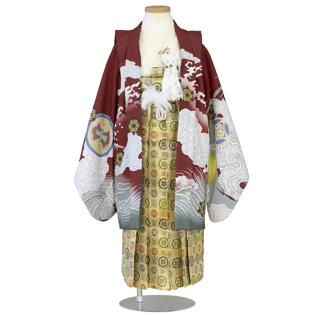 臙脂地に兜と丸紋、金襴の袴／小さめサイズ／七五三・五歳男の子・袴／正面