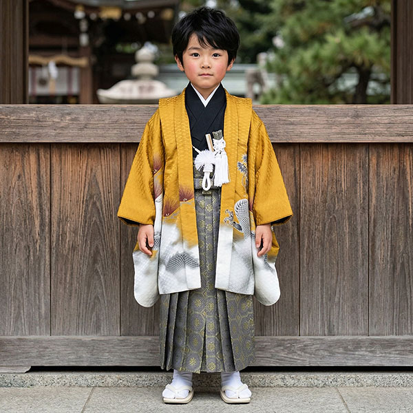 黄唐茶地に鷹と雲龍、藍鼠の袴／七五三・五歳男の子・袴 | 宅配着物